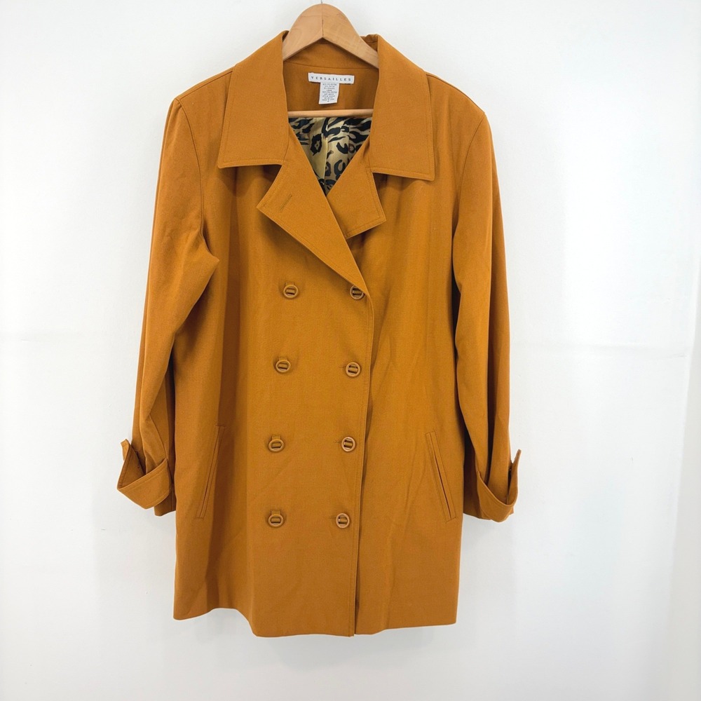 Versailles Y2K Mustard Yellow Double Breasted Trench Coat Leopard Lining 16 XL